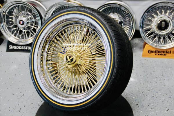 New 17x8" Gold & Chrome 100 Spoke Standard Knockoff Wire Wheels & Vogue Whitewall Tires Package Complete Set of four (4) with Hardware