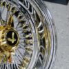 New 15x7" Deep Dish 72 Spoke Double Cross Lace 24kt TRIPLE GOLD & Chrome True Knockoff Wire Wheels Complete Set with 2 Wing Hardware - Image 2