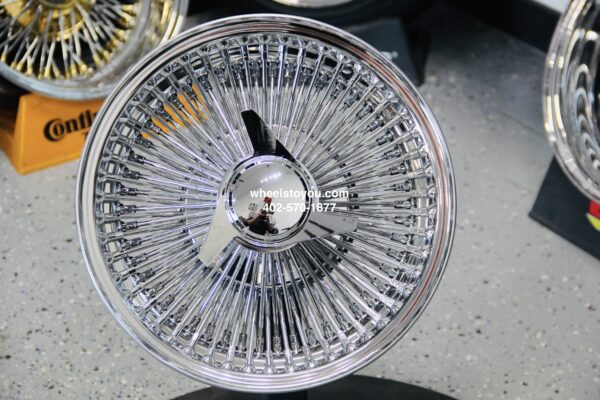 New 14 x 7" Front Wheel Drive 100 Spoke Chrome Knockoff Wire Wheel Set (4) Complete With 3 Wing Hardware Package