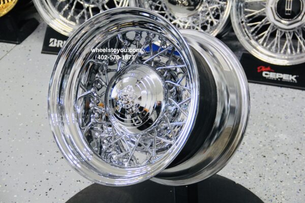 New 15 x 10" McLean Direct Bolt Classic 52 Spoke Chrome Kelsey Hayes Style Wire Wheels Set of four (4) with Chrome Caps 5 LUG PATTERNS 5X4.5 5X4.75 5X5