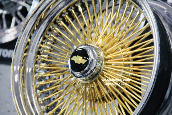 New 15" Chevrolet 24kt GOLD & Chrome 100 Spoke Standard Dish True knockoff Wire Wheels Classic Style Complete Set of four (4) With Hardware