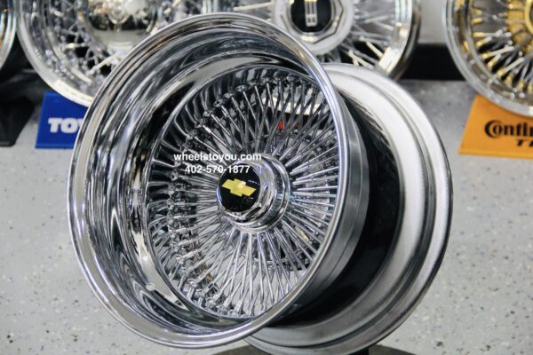 New 15 x 10 DEEP DISH ALL CHROME 100 SPOKE KNOCKOFF WIRE WHEELS SET (4) COMPLETE WITH CHEVY HARDWARE