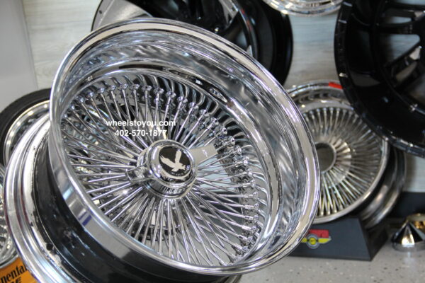 New 17x9" All Chrome Reverse " DEEP DISH" 100 Spoke True Knockoff Wire Wheel Set (4) Complete with 2 Wing Hardware