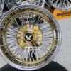 New 15x7" Deep Dish 72 Spoke Double Cross Lace 24kt TRIPLE GOLD & Chrome True Knockoff Wire Wheels Complete Set with 2 Wing Hardware - Image 6