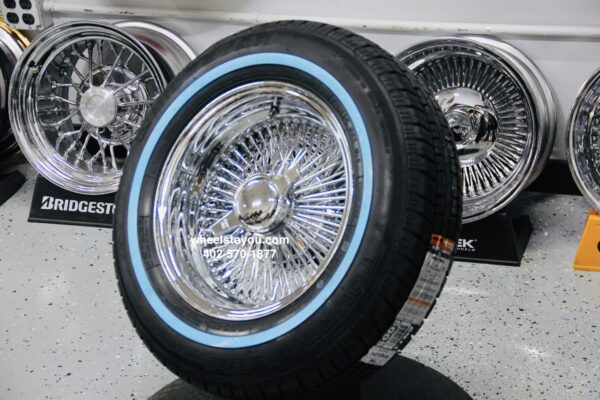 New 14x7" Deep Dish All Chrome 100 Spoke Lowrider Wire Wheel Set (4) With Whitewall Tire Package Complete Ready to install with 2 Wing Hardware