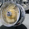 New 15" Cadillac 24kt GOLD & Chrome 100 Spoke Standard Dish True knockoff Wire Wheels Classic Style Complete Set of four (4) With Hardware - Image 7