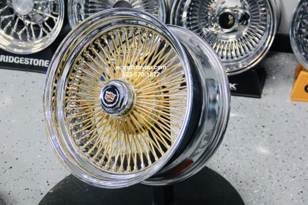 New 15" Cadillac 24kt GOLD & Chrome 100 Spoke Standard Dish True knockoff Wire Wheels Classic Style Complete Set of four (4) With Hardware