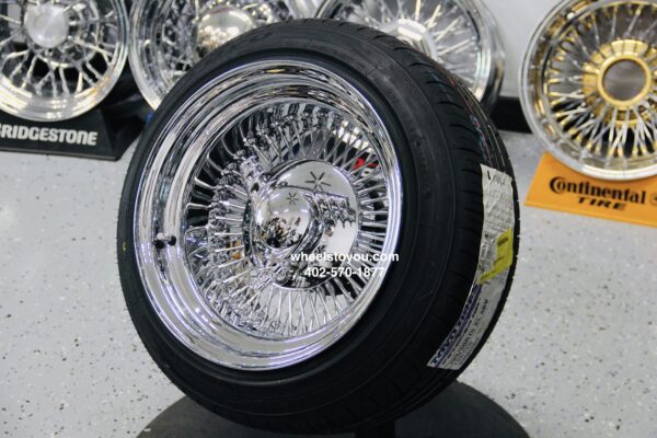 New Chrome 15x10" 90's Euro Style 5 Lug Genuine Mclean 80 Spoke Direct bolt Wire Wheels & LOW PROFILE TIRES Complete Set of four (4) 5X4.5 5X4.75 5X5