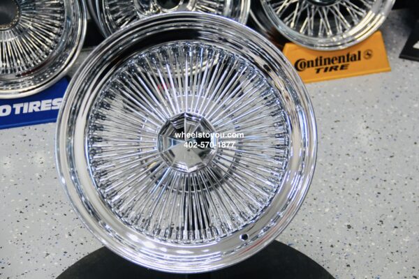 New 17x8" All Chrome 100 Spoke Standard Dish Triple Chrome True knockoff Wire Wheels Classic Style Complete Set of four (4)