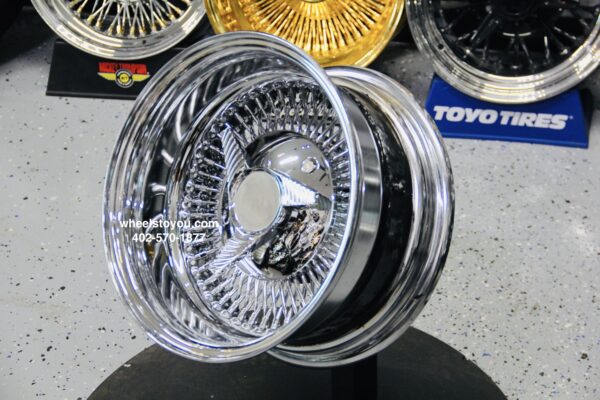 New 15 x 7" Deep Dish 80 Spoke All Chrome Direct Bolt Classic Wire Wheels Set (4) 5 lug patterns 5x4.5" 5x4.75" 5x5"