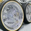 New Staggered 22" Chrome 150 Spoke knockoff Wire Wheels and Vogue Tire Package Whitewall / Yellow Stripe 265-35-22 Complete Set with Hardware - Image 5