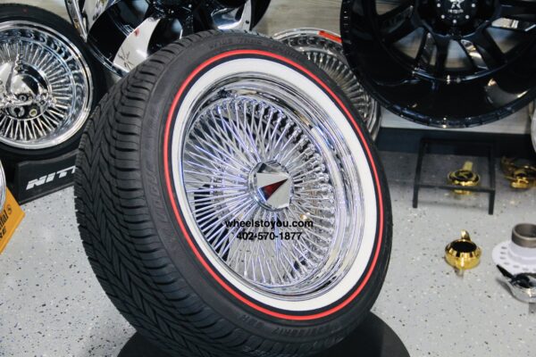 New 17x8" All Chrome 100 Spoke Standard Dish Chrome True knockoff Wire Wheels Set with Vogue Whitewall & Red Stripe Tires Classic Style Complete Set of four (4) bullet spinners