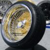 NEW 17 X 9" 24KT GOLD & CHROME DEEP DISH 100 SPOKE KNOCKOFF WIRE WHEELS & Low Profile Tires SET (4) WITH 2 WING HARDWARE - Image 2