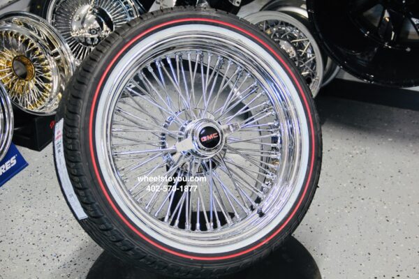 New GMC Cross Lace 20" Chrome 72 Spoke Knockoff Wire Wheels Vogue Red / Whitewall 245 40 20 Tire Package Complete Set of four (4) Classic Setup Ready to Install