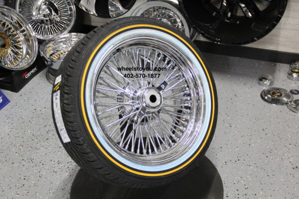 New Cross Lace 72 Spoke 17" Chrome Knockoff Wire Wheels and Genuine Vogue Whitewall / Yellow Stripe 215-55-17 Tire Package Complete Set of four (4) with Hardware ready to install