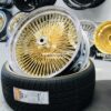 New 20x8" 24kt Gold With Chrome Dish 150 Spoke Knockoff Wire Wheels & Vogue Low Profile Whitewall Gold stripe Tires Complete Set of four (4) with Installation Hardware - Image 3