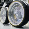 New Staggered 22" Chrome 150 Spoke knockoff Wire Wheels and Vogue Tire Package Whitewall / Yellow Stripe 265-35-22 Complete Set with Hardware - Image 2