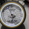 New Cross Lace 72 Spoke 17" Chrome Knockoff Wire Wheels and Genuine Vogue Whitewall / Yellow Stripe 235-55-17 Tire Package Complete Set of four (4) with Hardware ready to install - Image 4