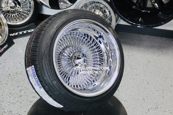 New 15x10 DEEP DISH ALL CHROME 100 SPOKE KNOCKOFF WIRE WHEELS & LOW PROFILE 205-50-15 TIRES SET (4) COMPLETE WITH HARDWARE