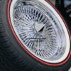 New 17x8" All Chrome 100 Spoke Standard Dish Chrome True knockoff Wire Wheels Set with Vogue Whitewall & Red Stripe Tires Classic Style Complete Set of four (4) bullet spinners - Image 8