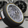 New Cross Lace 72 Spoke 17" Chrome Knockoff Wire Wheels and Genuine Vogue Whitewall / Yellow Stripe 235-55-17 Tire Package Complete Set of four (4) with Hardware ready to install - Image 7