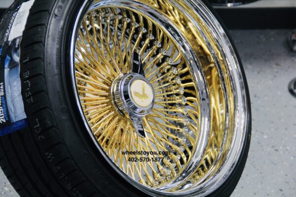 NEW 17 X 9" 24KT GOLD & CHROME DEEP DISH 100 SPOKE KNOCKOFF WIRE WHEELS & Low Profile Tires SET (4) WITH 2 WING HARDWARE