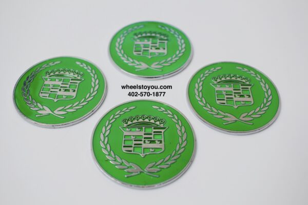 Cadillac Wreath Emblems Green & Chrome Metal 2.25" Wire Wheel Emblems "Chips" for Spinners SET (4)