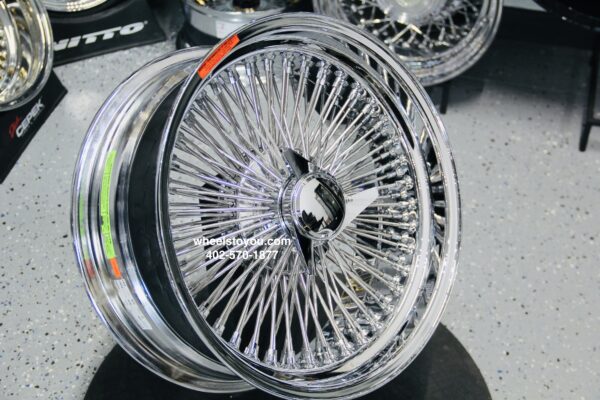 NEW 18 X 8" GENUINE DAYTON STANDARD LACE 120 SPOKE CHROME KNOCKOFF WIRE WHEELS SET FOUR (4) WITH HARDWARE