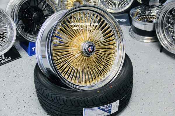 New Single (1) 20x8" Buick 24kt Gold With Chrome Dish 150 Spoke Knockoff Wire Wheel with Installation Hardware