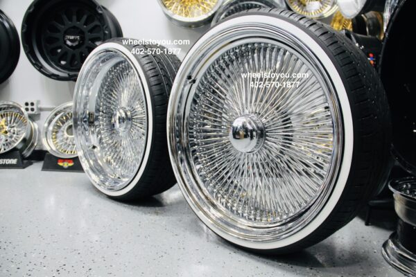 New 24" 208 Spoke Chrome Staggered Knockoff Wire Wheels & Low Profile REAL Whitewall Tires Set of Four (4) COMPLETE With Hardware