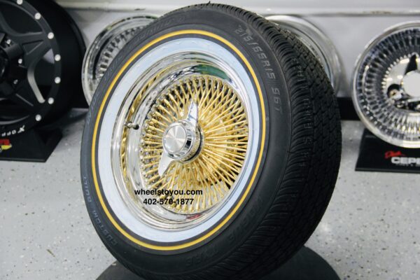 New Set (4) Gold And Chrome 15x7" 100 Spoke Standard Rear Wheel Drive Wire Wheels & Vogue 215-70-15 Whitewall Yellow Gold Stripe Tire set Complete Set of four