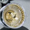 New 14" 100 Spoke 24kt Gold and Chrome Deep Dish Lowrider Wire Wheels Complete set of four (4) with 2 Wing Gold Hardware - Image 4