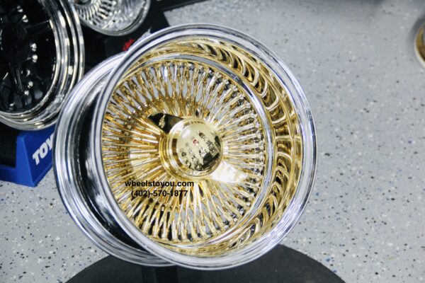 New 14" 100 Spoke 24kt Gold and Chrome Deep Dish Lowrider Wire Wheels Complete set of four (4) with 2 Wing Gold Hardware