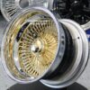 New 15 x 10 DEEP DISH 24kt GOLD & CHROME 100 SPOKE KNOCKOFF WIRE WHEELS SET (4) COMPLETE WITH 2 WING HARDWARE - Image 2