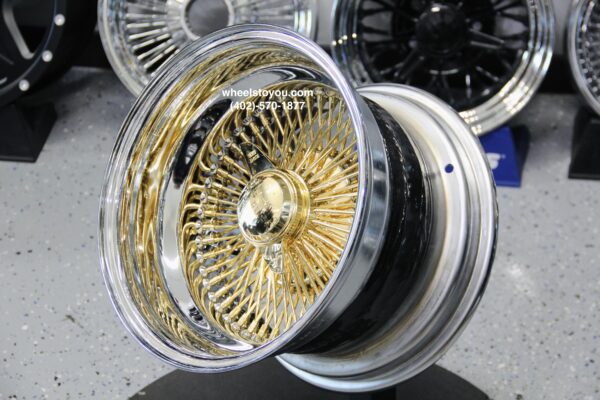 New 15 x 10 DEEP DISH 24kt GOLD & CHROME 100 SPOKE KNOCKOFF WIRE WHEELS SET (4) COMPLETE WITH 2 WING HARDWARE