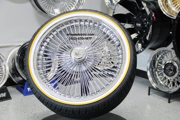 New 20x8" Front Wheel Drive All Chrome 150 Spoke Knockoff Wire Wheels & Genuine Vogue Whitewall Yellow Stripe Tires Complete Set of four (4) with Installation Hardware