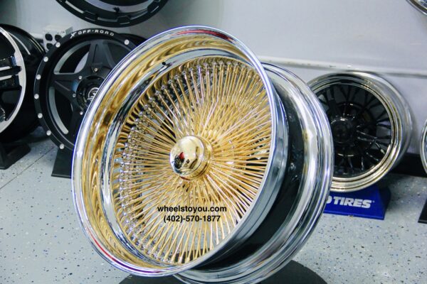 New 24x10" DEEP DISH 24KT GOLD & CHROME True Knockoff Wire Wheels 208 Spoke Complete Set of four (4) With Hardware