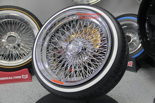 New 17x9" Genuine Dayton Brand Stamped & Serialized Chrome 100 Spoke Triple Cross Lace One Of A Kind knockoff Wire Wheels Low Profile Whitewall Tires Set Set (4)