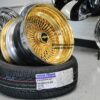 New 15 x 10 DEEP DISH ALL 24kt GOLD 100 SPOKE KNOCKOFF WIRE WHEELS & LOW PROFILE TIRE SET (4) COMPLETE WITH HARDWARE - Image 6