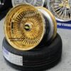 New 15 x 10 DEEP DISH ALL 24kt GOLD 100 SPOKE KNOCKOFF WIRE WHEELS & LOW PROFILE TIRE SET (4) COMPLETE WITH HARDWARE - Image 2