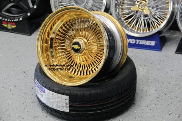 New 15 x 10 DEEP DISH ALL 24kt GOLD 100 SPOKE KNOCKOFF WIRE WHEELS & LOW PROFILE TIRE SET (4) COMPLETE WITH HARDWARE