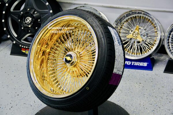 NEW 17 X 9" ALL 24KT GOLD DEEP DISH 100 SPOKE KNOCKOFF WIRE WHEELS & 205-40-17 TIRE SET (4) WITH 2 Wing Hardware