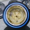 New 15x10 DEEP DISH 24kt GOLD & CHROME 100 SPOKE KNOCKOFF WIRE WHEELS & LOW PROFILE BLUE-WALL 205-50-15 TIRES SET (4) COMPLETE WITH 2 WING HARDWARE - Image 4