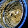 New 15x10 DEEP DISH 24kt GOLD & CHROME 100 SPOKE KNOCKOFF WIRE WHEELS & LOW PROFILE BLUE-WALL 205-50-15 TIRES SET (4) COMPLETE WITH 2 WING HARDWARE - Image 3