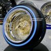 New 15x10 DEEP DISH 24kt GOLD & CHROME 100 SPOKE KNOCKOFF WIRE WHEELS & LOW PROFILE BLUE-WALL 205-50-15 TIRES SET (4) COMPLETE WITH 2 WING HARDWARE - Image 2