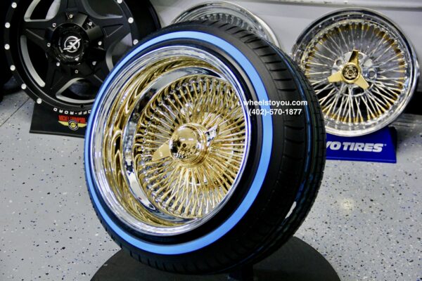 New 15x10 DEEP DISH 24kt GOLD & CHROME 100 SPOKE KNOCKOFF WIRE WHEELS & LOW PROFILE BLUE-WALL 205-50-15 TIRES SET (4) COMPLETE WITH 2 WING HARDWARE