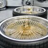 New 20" Staggered Dish 24kt GOLD & Chrome 100 Spoke True knockoff Wire Wheels & Low Profile 245-35-20 Whitewall Tires Set of four (4) With Hardware - Image 8