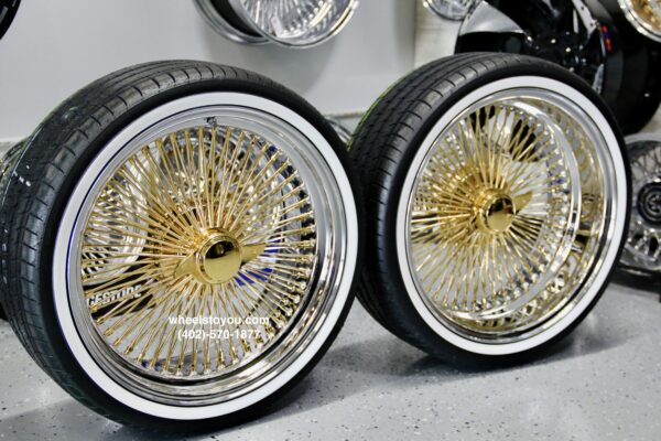 New 20" Staggered Dish 24kt GOLD & Chrome 100 Spoke True knockoff Wire Wheels & Low Profile 245-35-20 Whitewall Tires Set of four (4) With Hardware