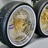 New 20" Staggered Dish 24kt GOLD & Chrome 100 Spoke True knockoff Wire Wheels & Low Profile 245-35-20 Whitewall Tires Set of four (4) With Hardware - Image 3