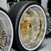 New 20" Staggered Dish 24kt GOLD & Chrome 100 Spoke True knockoff Wire Wheels & Low Profile 245-35-20 Whitewall Tires Set of four (4) With Hardware - Image 10